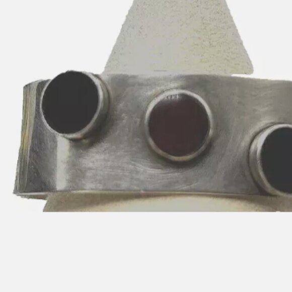 Sterling Silver Three Color Round Stone Cuff Bracelet Modernist Navajo Signed - Picture 2 of 9